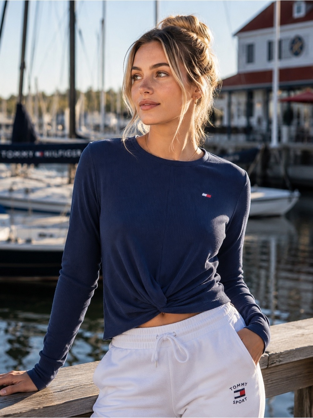 NWOT Tommy Hilfiger Sport Womens Navy Waffle Knit Twist Hem Shirt Henley Medium